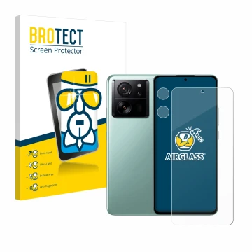 Face avant d’un emballage produit avec le logo de la marque BROTECT. À côté, l’appareil Xiaomi 13T Pro (Avant+Caméra) est repr