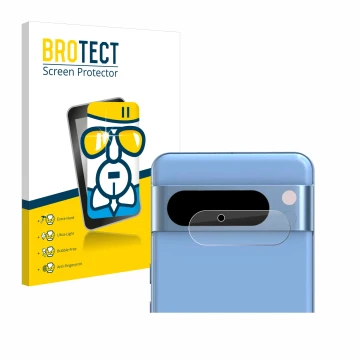 Face avant d’un emballage produit avec le logo de la marque BROTECT. À côté, l’appareil Google Pixel 8 Pro (Caméra UNIQUEMENT)