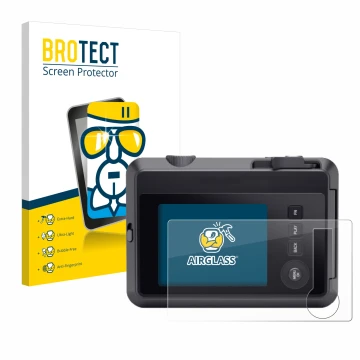 Face avant d’un emballage produit avec le logo de la marque BROTECT. À côté, l’appareil Leica SOFORT 2 est représenté avec la 