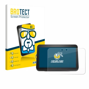 Face avant d’un emballage produit avec le logo de la marque BROTECT. À côté, l’appareil Amazon Echo Show 8 2023 (3ème Gen.) es