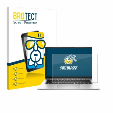 Face avant d’un emballage produit avec le logo de la marque BROTECT. À côté, l’appareil HP EliteBook 845 G10 est représenté av