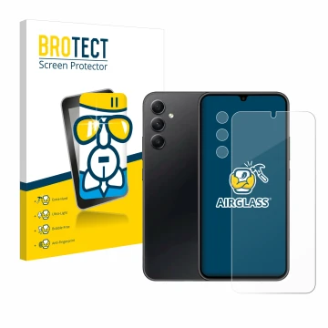Face avant d’un emballage produit avec le logo de la marque BROTECT. À côté, l’appareil Samsung Galaxy A34 5G Enterprise Editi