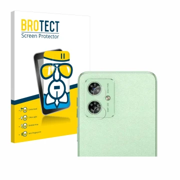 Face avant d’un emballage produit avec le logo de la marque BROTECT. À côté, l’appareil Motorola Moto G54 (Caméra UNIQUEMENT) 