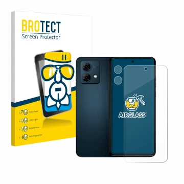 Face avant d’un emballage produit avec le logo de la marque BROTECT. À côté, l’appareil Motorola Moto G84 (Avant+Caméra) est r