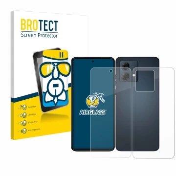Face avant d’un emballage produit avec le logo de la marque BROTECT. À côté, l’appareil Motorola Moto G84 (Avant+Arrière) est 