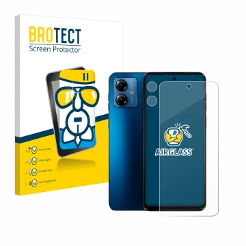 Face avant d’un emballage produit avec le logo de la marque BROTECT. À côté, l’appareil Motorola Moto G14 (Avant+Caméra) est r