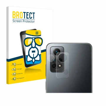 Face avant d’un emballage produit avec le logo de la marque BROTECT. À côté, l’appareil Xiaomi Redmi Note 12 Pro 4G (Caméra UN