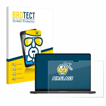 Face avant d’un emballage produit avec le logo de la marque BROTECT. À côté, l’appareil Apple MacBook Pro 16