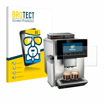 Face avant d’un emballage produit avec le logo de la marque BROTECT. À côté, l’appareil Siemens EQ900 TQ907D03 est représenté 