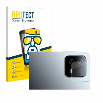 Face avant d’un emballage produit avec le logo de la marque BROTECT. À côté, l’appareil Xiaomi Pad 6 (Caméra UNIQUEMENT) est r