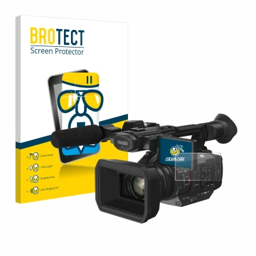 Face avant d’un emballage produit avec le logo de la marque BROTECT. À côté, l’appareil Panasonic HC-X2 est représenté avec la