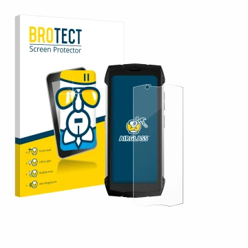 Face avant d’un emballage produit avec le logo de la marque BROTECT. À côté, l’appareil Doogee S Mini est représenté avec la p