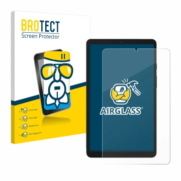 Face avant d’un emballage produit avec le logo de la marque BROTECT. À côté, l’appareil Samsung Galaxy Tab A9 LTE est représen