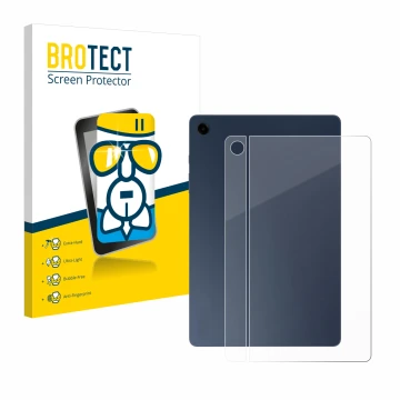 Face avant d’un emballage produit avec le logo de la marque BROTECT. À côté, l’appareil Samsung Galaxy Tab A9 Plus WiFi (Arriè
