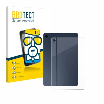 Face avant d’un emballage produit avec le logo de la marque BROTECT. À côté, l’appareil Samsung Galaxy Tab A9 Plus 5G (Arrière