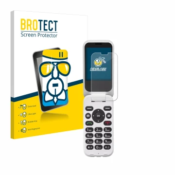 Face avant d’un emballage produit avec le logo de la marque BROTECT. À côté, l’appareil Doro 6820 est représenté avec la prote