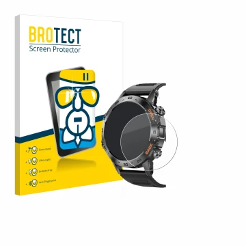 Face avant d’un emballage produit avec le logo de la marque BROTECT. À côté, l’appareil Lemfo Smartwatch 1.39