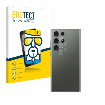 Face avant d’un emballage produit avec le logo de la marque BROTECT. À côté, l’appareil Samsung Galaxy S23 Ultra Enterprise Ed