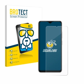 Face avant d’un emballage produit avec le logo de la marque BROTECT. À côté, l’appareil ZTE Blade A73 est représenté avec la p