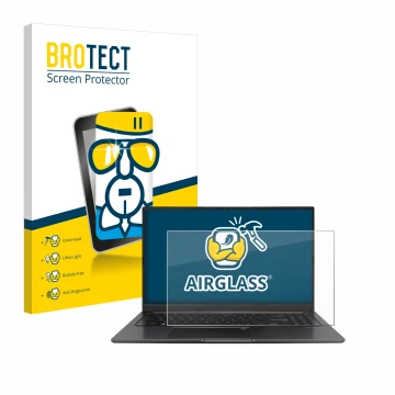 Face avant d’un emballage produit avec le logo de la marque BROTECT. À côté, l’appareil ASUS Vivobook 15 OLED est représenté a