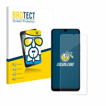 Face avant d’un emballage produit avec le logo de la marque BROTECT. À côté, l’appareil Xiaomi Redmi 13C 5G est représenté ave