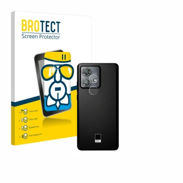 Face avant d’un emballage produit avec le logo de la marque BROTECT. À côté, l’appareil Motorola Edge 40 Neo (Caméra UNIQUEMEN