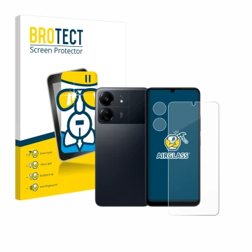 Face avant d’un emballage produit avec le logo de la marque BROTECT. À côté, l’appareil Xiaomi Poco C65 (Avant+Caméra) est rep