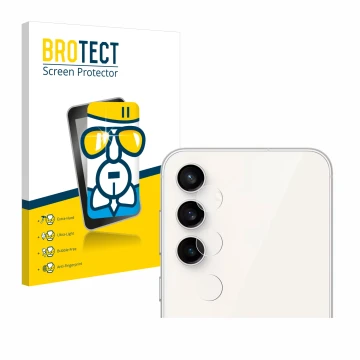 Face avant d’un emballage produit avec le logo de la marque BROTECT. À côté, l’appareil Samsung Galaxy S23 FE (Caméra UNIQUEME