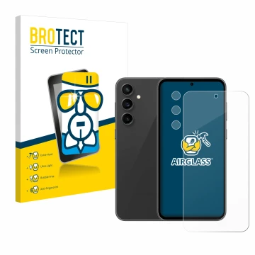 Face avant d’un emballage produit avec le logo de la marque BROTECT. À côté, l’appareil Samsung Galaxy S23 FE (Avant+Caméra) e