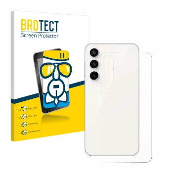 Face avant d’un emballage produit avec le logo de la marque BROTECT. À côté, l’appareil Samsung Galaxy S23 FE (Arrière) est re