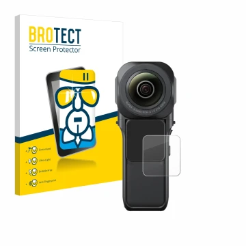 Face avant d’un emballage produit avec le logo de la marque BROTECT. À côté, l’appareil Insta360 One RS 1-Zoll 360 est représe