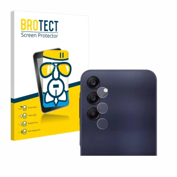 Face avant d’un emballage produit avec le logo de la marque BROTECT. À côté, l’appareil Samsung Galaxy A25 5G (Caméra UNIQUEME