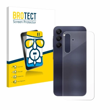 Face avant d’un emballage produit avec le logo de la marque BROTECT. À côté, l’appareil Samsung Galaxy A25 5G (Arrière) est re