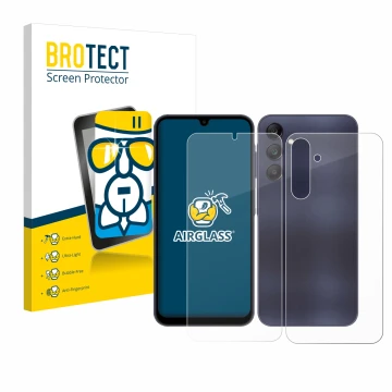 Face avant d’un emballage produit avec le logo de la marque BROTECT. À côté, l’appareil Samsung Galaxy A25 5G (Avant+Arrière) 