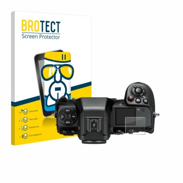 Face avant d’un emballage produit avec le logo de la marque BROTECT. À côté, l’appareil Nikon Z 8 (affichage des épaules) est 