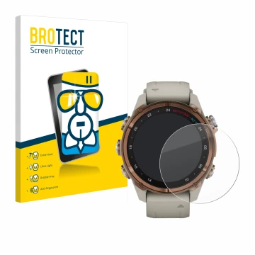 Face avant d’un emballage produit avec le logo de la marque BROTECT. À côté, l’appareil Garmin Descent Mk3 (43 mm) est représe