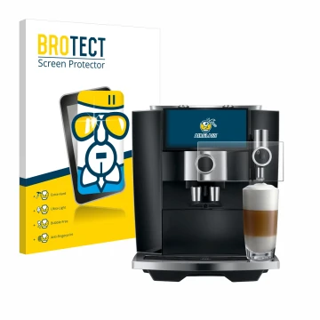 Face avant d’un emballage produit avec le logo de la marque BROTECT. À côté, l’appareil Jura J8 twin est représenté avec la pr