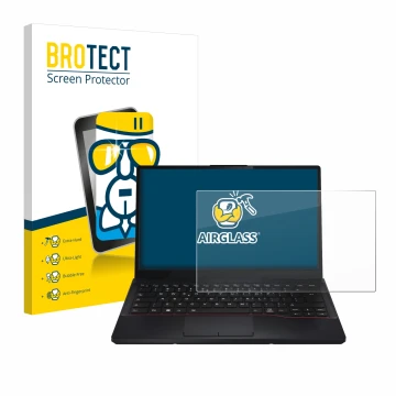 Face avant d’un emballage produit avec le logo de la marque BROTECT. À côté, l’appareil Fujitsu Lifebook E5412 est représenté 