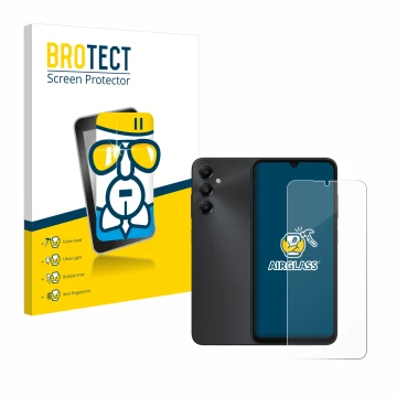 Face avant d’un emballage produit avec le logo de la marque BROTECT. À côté, l’appareil Samsung Galaxy A05s est représenté ave