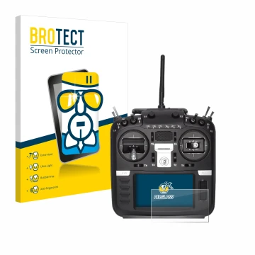 Face avant d’un emballage produit avec le logo de la marque BROTECT. À côté, l’appareil Radiomaster TX16S Mark II est représen