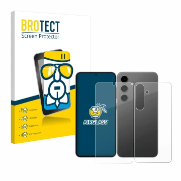 Face avant d’un emballage produit avec le logo de la marque BROTECT. À côté, l’appareil Samsung Galaxy S24 Plus (Avant+Arrière