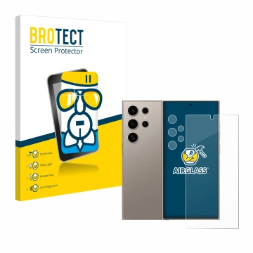 Face avant d’un emballage produit avec le logo de la marque BROTECT. À côté, l’appareil Samsung Galaxy S24 Ultra (case-friendl