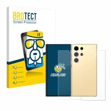Face avant d’un emballage produit avec le logo de la marque BROTECT. À côté, l’appareil Samsung Galaxy S24 Ultra (case-friendl