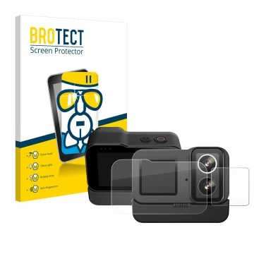 Face avant d’un emballage produit avec le logo de la marque BROTECT. À côté, l’appareil SJCAM SJ20 Dual Lens est représenté av