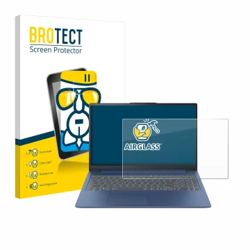 Face avant d’un emballage produit avec le logo de la marque BROTECT. À côté, l’appareil Lenovo IdeaPad Slim 3 Gen 8 15