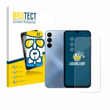 Face avant d’un emballage produit avec le logo de la marque BROTECT. À côté, l’appareil Samsung Galaxy A15 (Avant+Caméra) est 