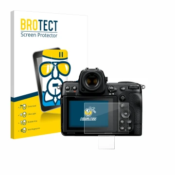 Face avant d’un emballage produit avec le logo de la marque BROTECT. À côté, l’appareil Nikon Z 8 (Affichage + affichage des é