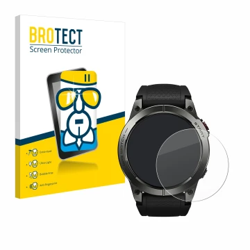 Face avant d’un emballage produit avec le logo de la marque BROTECT. À côté, l’appareil Zeblaze Stratos 3 est représenté avec 