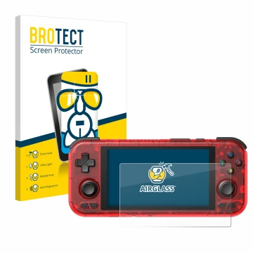 Face avant d’un emballage produit avec le logo de la marque BROTECT. À côté, l’appareil Retroid Pocket 4 Pro est représenté av