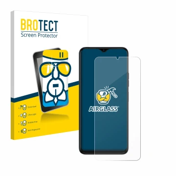 Face avant d’un emballage produit avec le logo de la marque BROTECT. À côté, l’appareil Tecno Spark 10 5G est représenté avec 